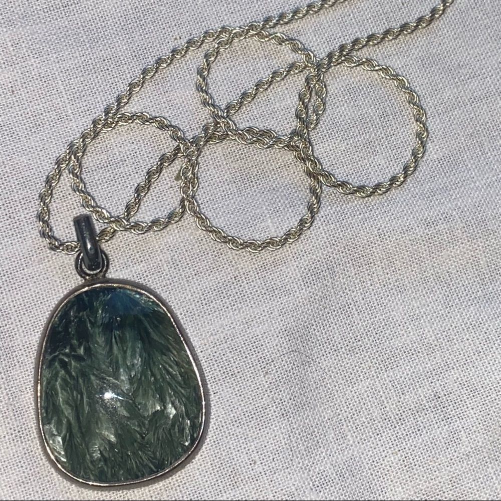 Seraphinite Pendent with Sterling Silver Italy Rope Chain Necklace